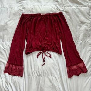 Burgundy off the shoulder cropped blouse with lace trim